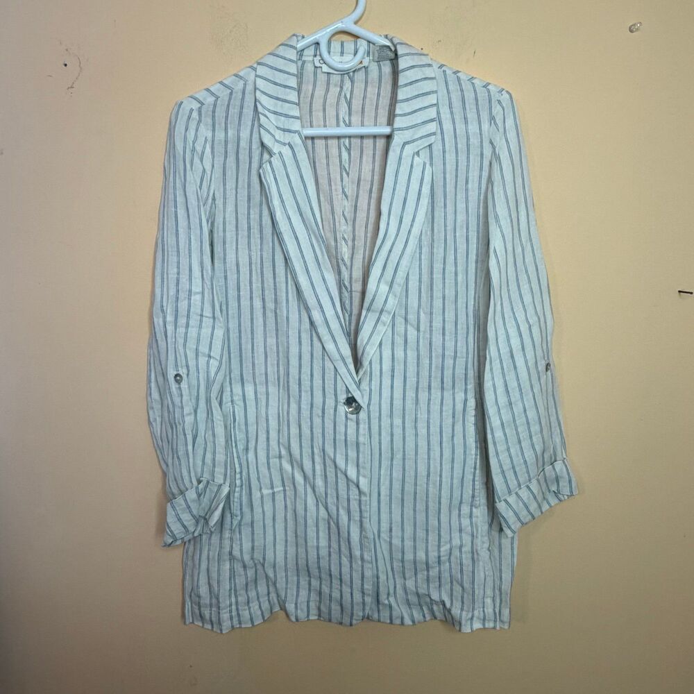 C&C California 100% linen striped blazer in white and blue size small